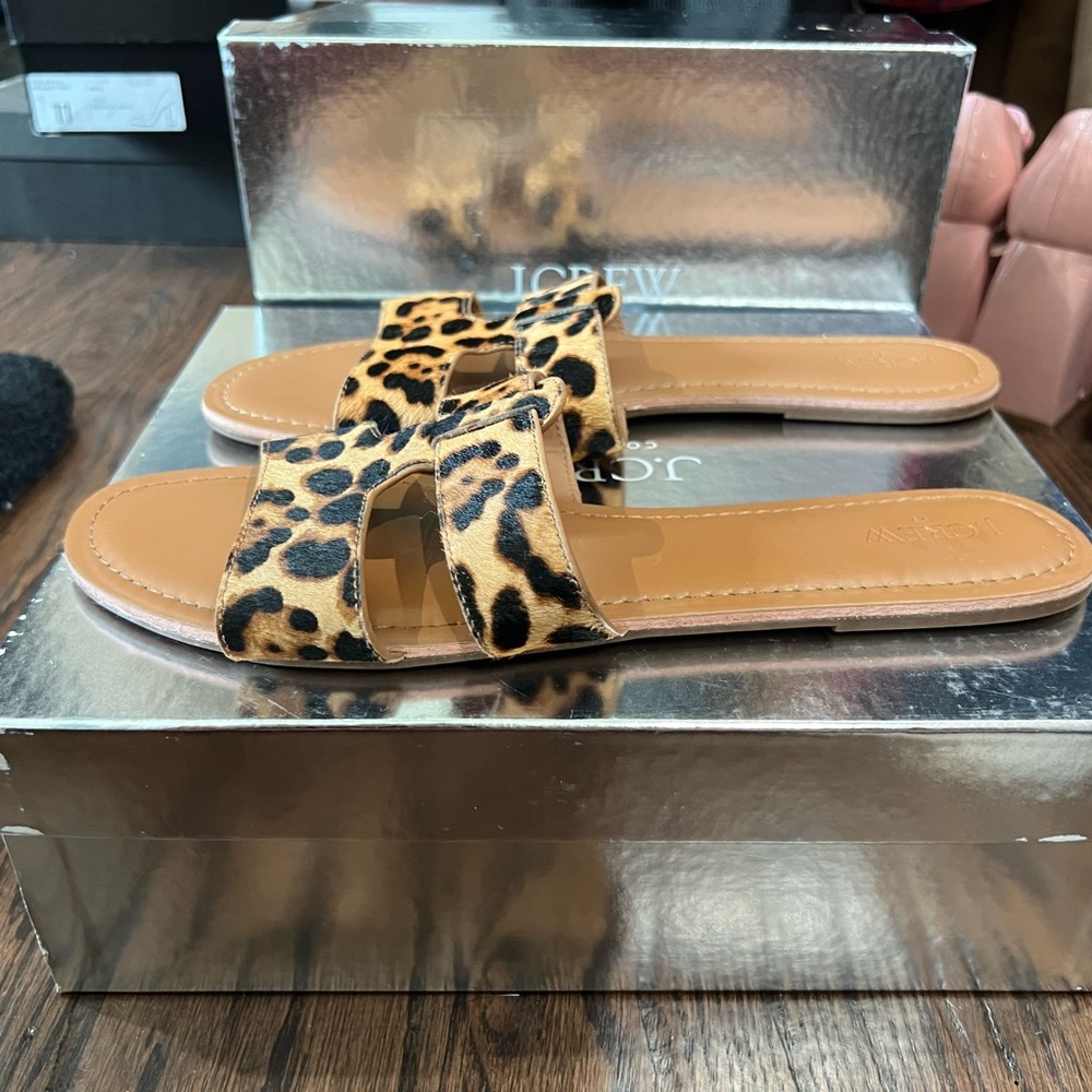J.Crew Leopard Calf Hair Slide Sandals Size 12 Beachside Animal Print - Picture 4 of 5